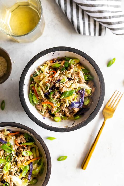 egg roll bowl with gold fork
