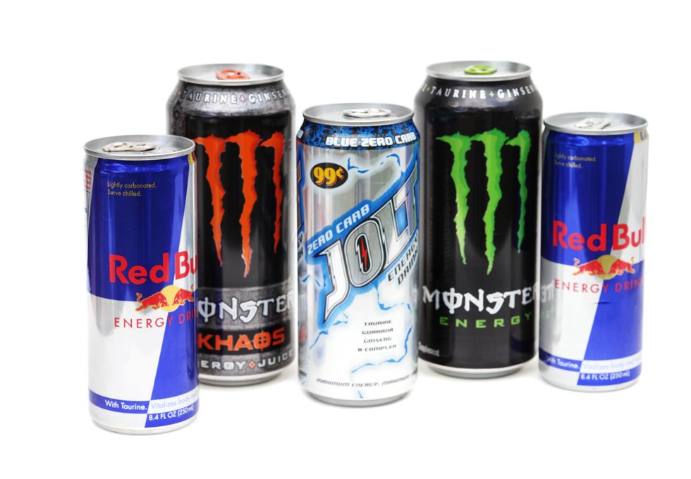 Group of energy drinks including Red Bull
