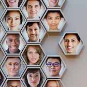 Group of hexagonal portrait pods, one joining group of hexagonal portrait pods, one joining