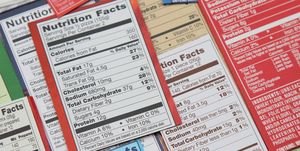 Group of labels showing nutrition facts.