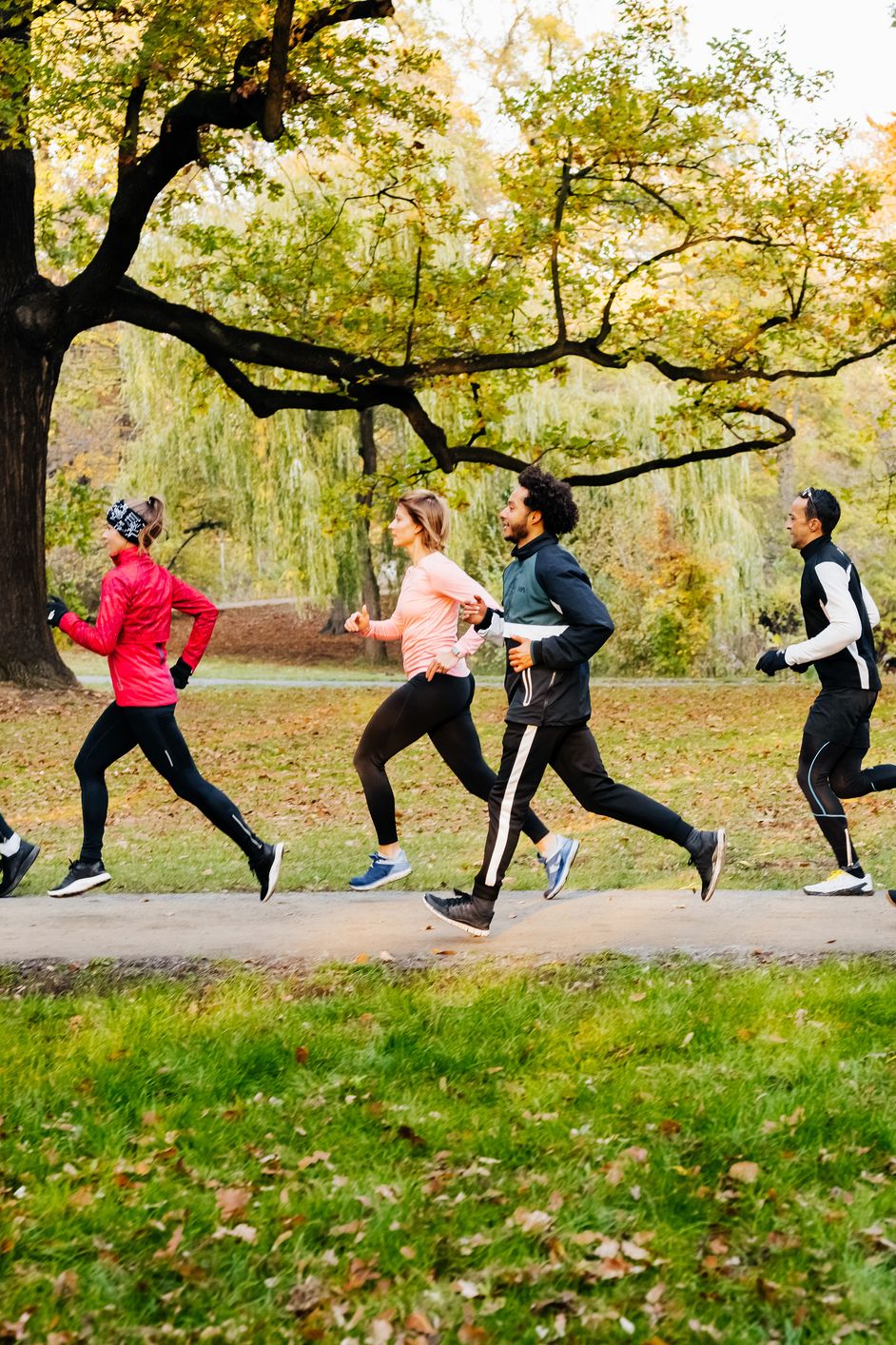 a group of runners racing through the park