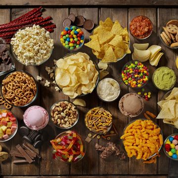 group of sweet and salty snacks, perfect for binge watching