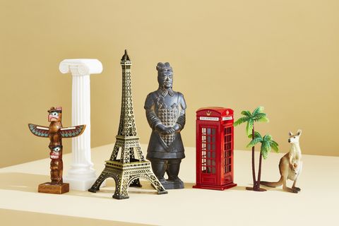 a group of travel souvenirs