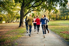 a group of unrecognisable runners running through the park