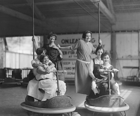 group of women from elks club on amusement park ride, glen echo park, glen echo, maryland, august 1924