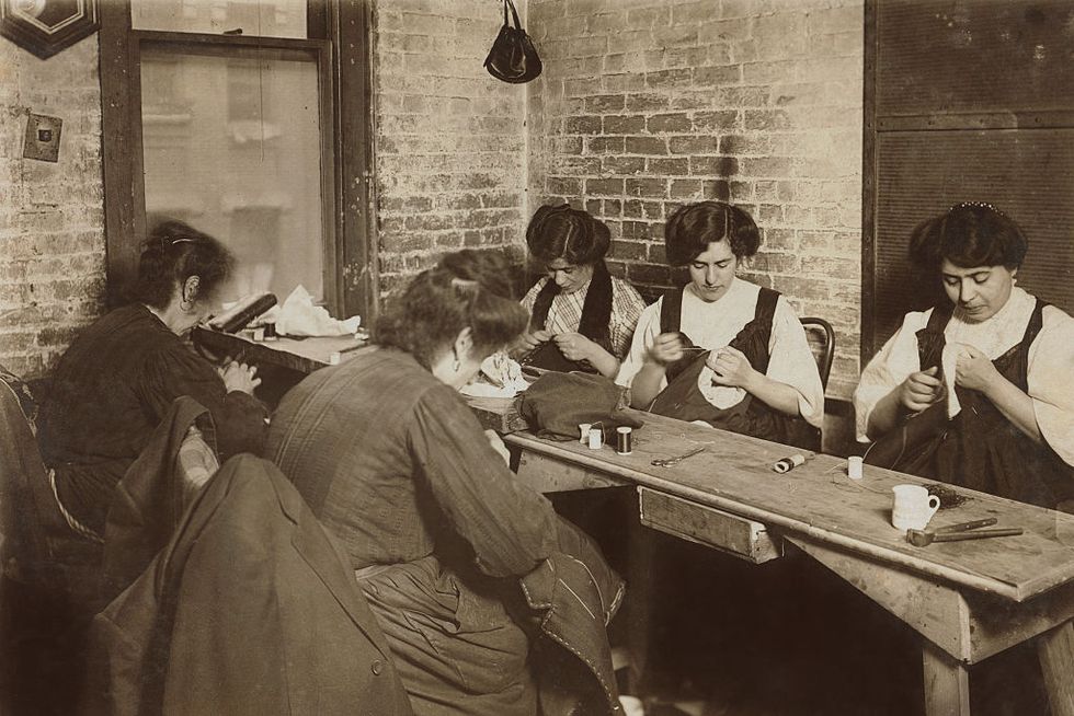 group of women working in sweatshop, new york city, new york, usa, circa 1908