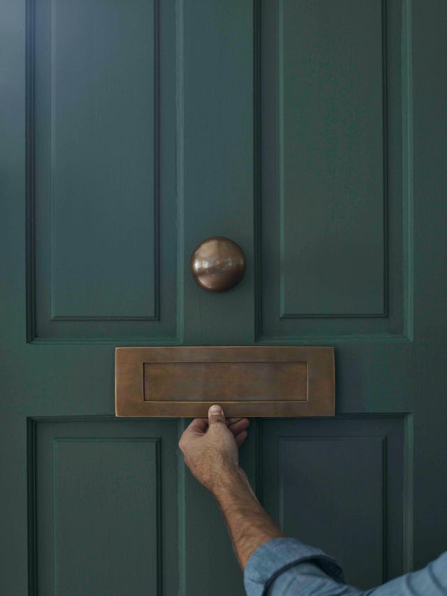 a green front door with a brass letter plate