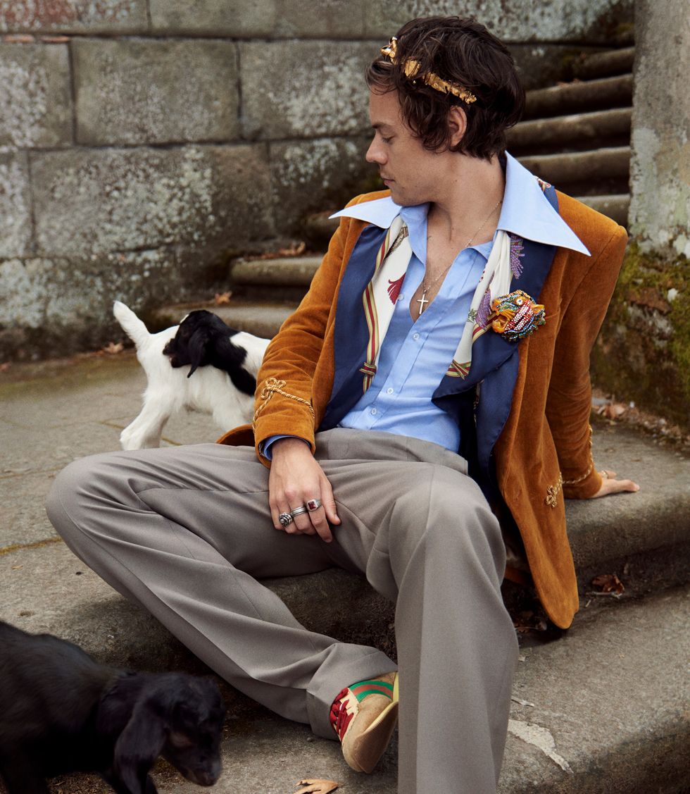 Sitting, Companion dog, Fashion, Street fashion, Human, Canidae, Formal wear, Suit, Outerwear, Jeans, 