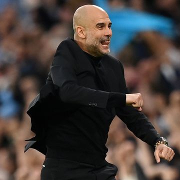 guardiola celebrando manchester, england may 17 pep guardiola, manager of manchester city, celebrates after their sides second goal during the uefa champions league semi final second leg match between manchester city fc and real madrid at etihad stadium on may 17, 2023 in manchester, england photo by michael regangetty images