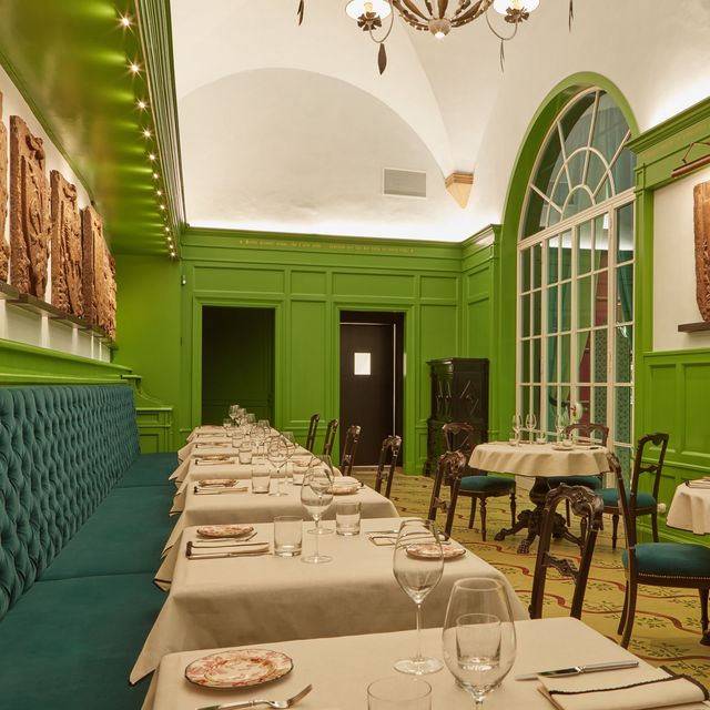 Green, Restaurant, Room, Interior design, Building, Table, Architecture, Furniture, Dining room, House, 