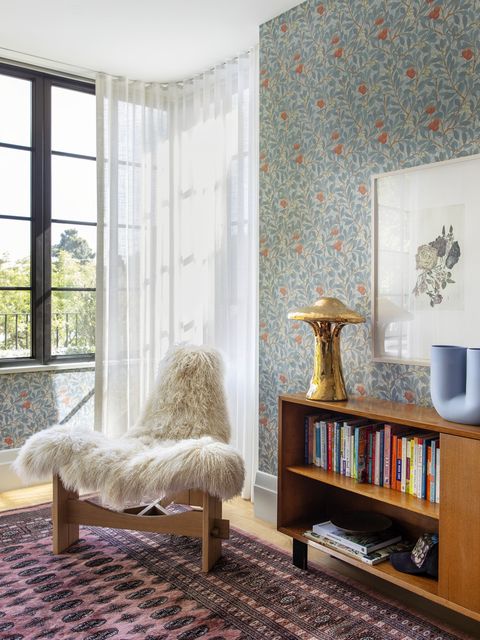 1920s spanish colonial in san francisco designed by regan baker design and landscape architect terremoto primary bedroom sheer blinds in a recessed track filter the light rug pak oriental rugs art kiki smith wallpaper morris  co chair coup d’etat mushroom lamp atelier mvm, nickey kehoe