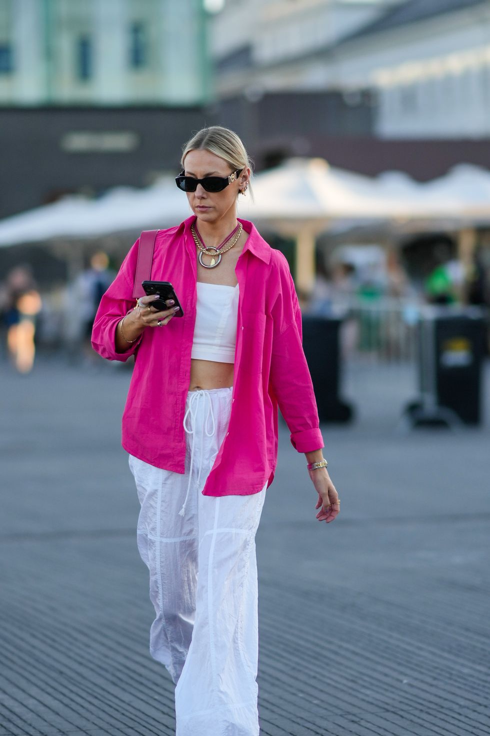 Streetstyle photo of a woman in a linen set during Copenhagen Fashion Week