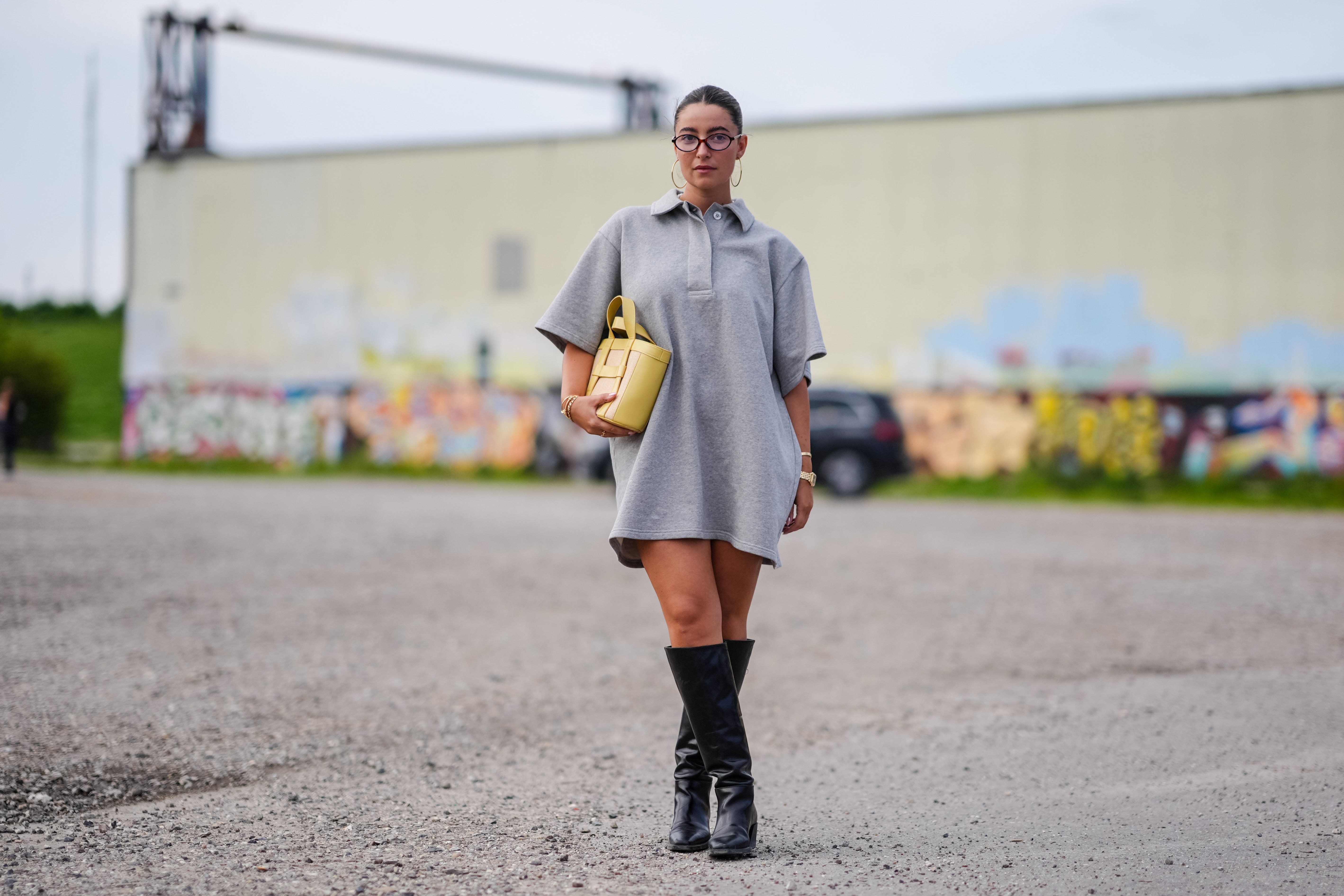 Grey skirt brown boots best sale