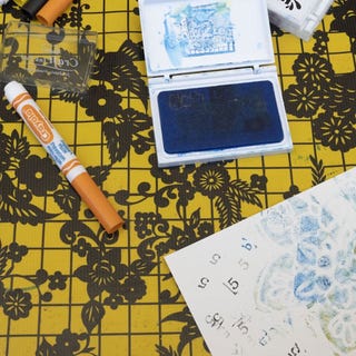 art supplies on a patterned surface