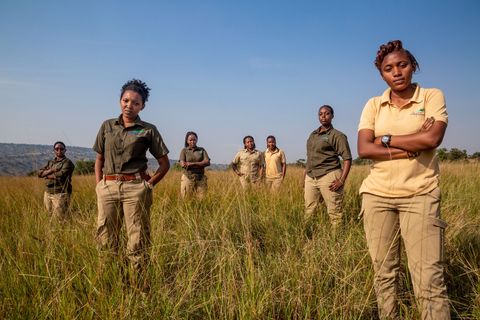 De gidsen van het Akagera National Park komen uit lokale gemeenschappen De vrouwelijke gidsen zien niets ongewoons meer in een vrouw die parkwachter wordt Toch is het moeilijk om aangenomen te worden omdat mannen vaak als eerste worden gekozen