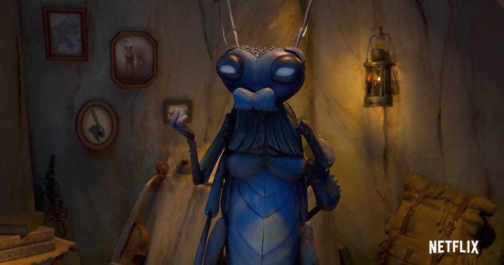 ewan mcgregor's character, jiminy cricket, guillermo del toro's pinocchio