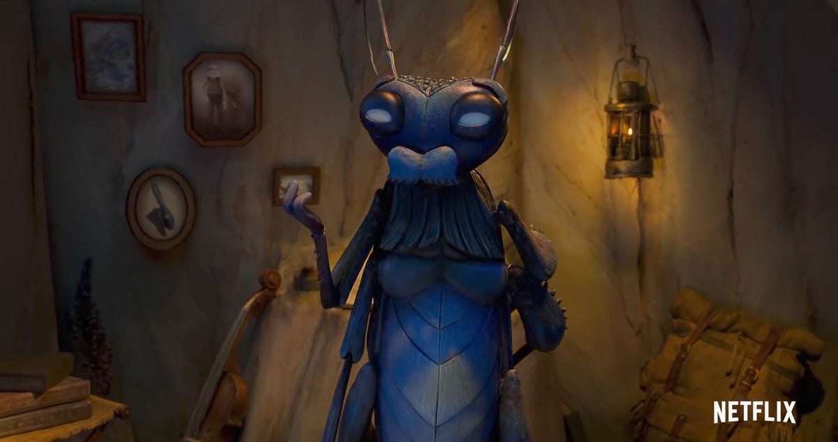 ewan mcgregor's character, jiminy cricket, guillermo del toro's pinocchio