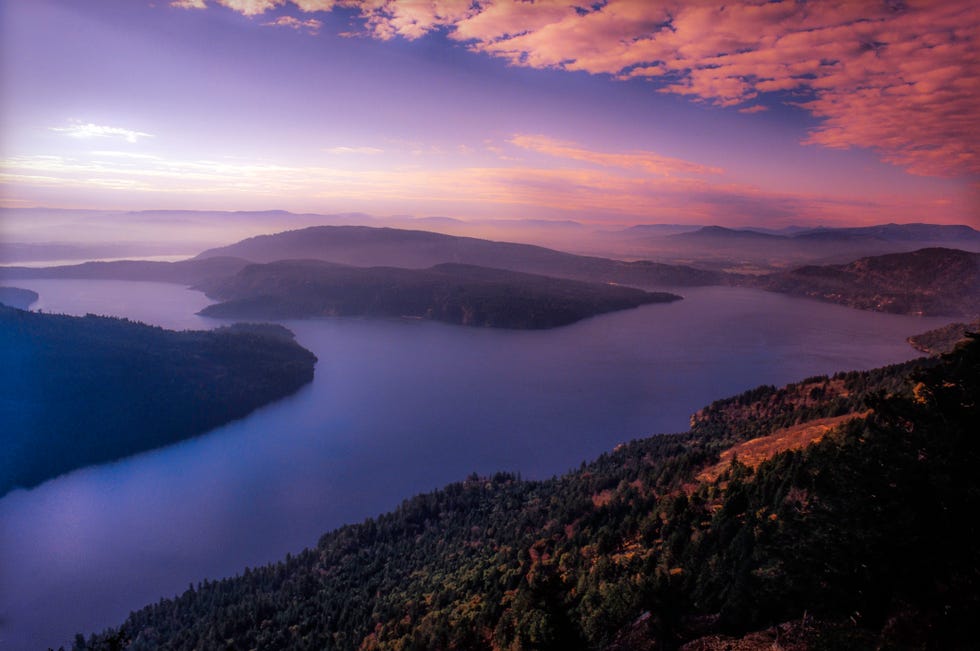 view of the british columbia gulf islands from mt erskine provincial park at dusk salt spring island, canada
