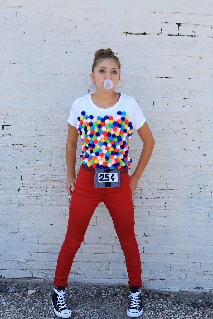easy gumball machine costume for tweens with pompoms glued to shirt, red pants, and felt belt buckle that says 25 cents