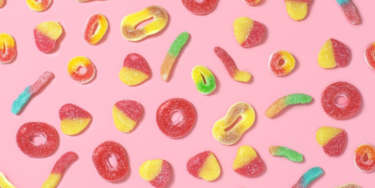 Gummy candy on pink background.