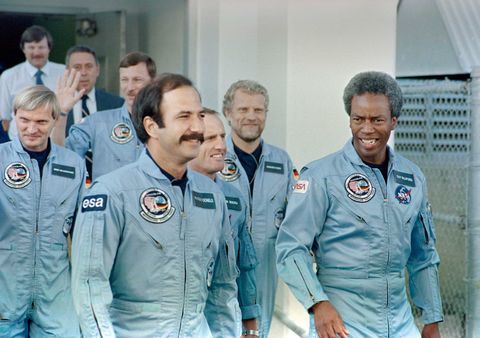 guy bluford and his sts61a challenger crewmates walk to the launch pad a few days ahead of their mission  in 1985