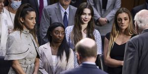 washington, dc   september 15 l r  us olympic gymnasts aly raisman, simone biles, mckayla maroney and ncaa and world champion gymnast maggie nichols are approached by sen pat leahy d vt after their testimony during a senate judiciary hearing about the inspector general's report on the fbi handling of the larry nassar investigation of sexual abuse of olympic gymnasts, on capitol hill on september 15, 2021 in washington, dc biles and other fellow us gymnasts gave testimony on the abuse they experienced at the hand of larry nassar, the former us women's national gymnastics team doctor, and the fbi’s lack of urgency when handling their cases photo by anna moneymakergetty images