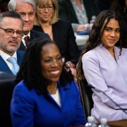 Patrick Jackson, left, husband of Supreme Court nominee Ketanji Brown Jackson, center, and daughter Leila Jackson, right, look on during confirmation hearings in Washington, Monday, March 21, 2022. (Sarahbeth Maney/The New York Times) patrick jackson, left, husband of supreme court nominee ketanji brown jackson, center, and daughter leila jackson, right, look on during confirmation hearings in washington, monday, march 21, 2022 sarahbeth maneythe new york times