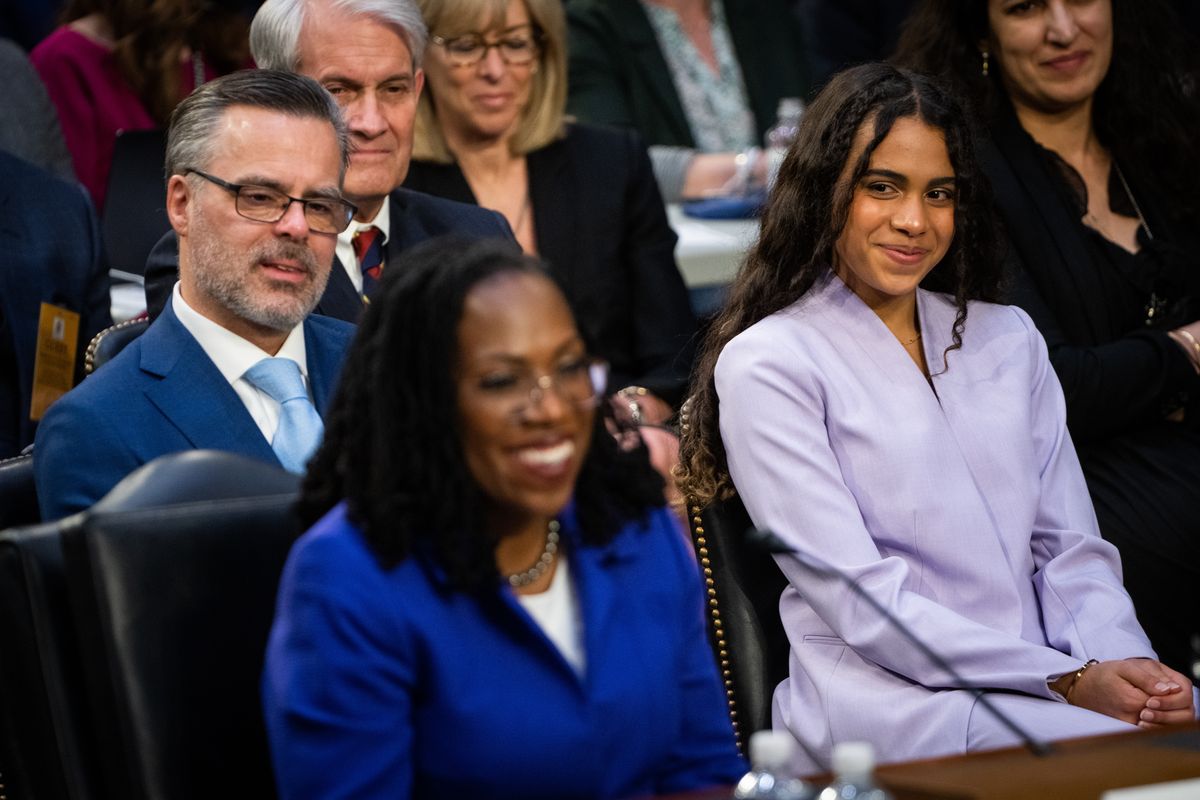 patrick jackson, left, husband of supreme court nominee ketanji brown jackson, center, and daughter leila jackson, right, look on during confirmation hearings in washington, monday, march 21, 2022 sarahbeth maneythe new york times