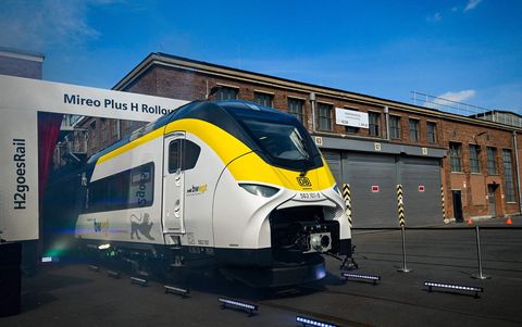 the mireo plus h train of siemens mobility is unveiled in collaboration with german rail operator deutsche bahn at the siemens mobility plant during a press conference in krefeld, western germany on may 5, 2022   siemens mobility presents the first hydrogen train and hydrogen storage trailer as part of the h2goesrail project photo by ina fassbender  afp photo by ina fassbenderafp via getty images
