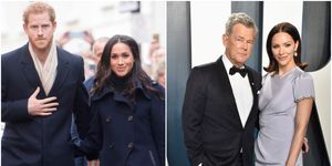 a split photo of meghan markle and prince harry with david foster and katharine mcphee