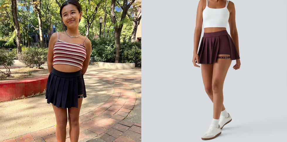 two people wearing skirts and crop tops