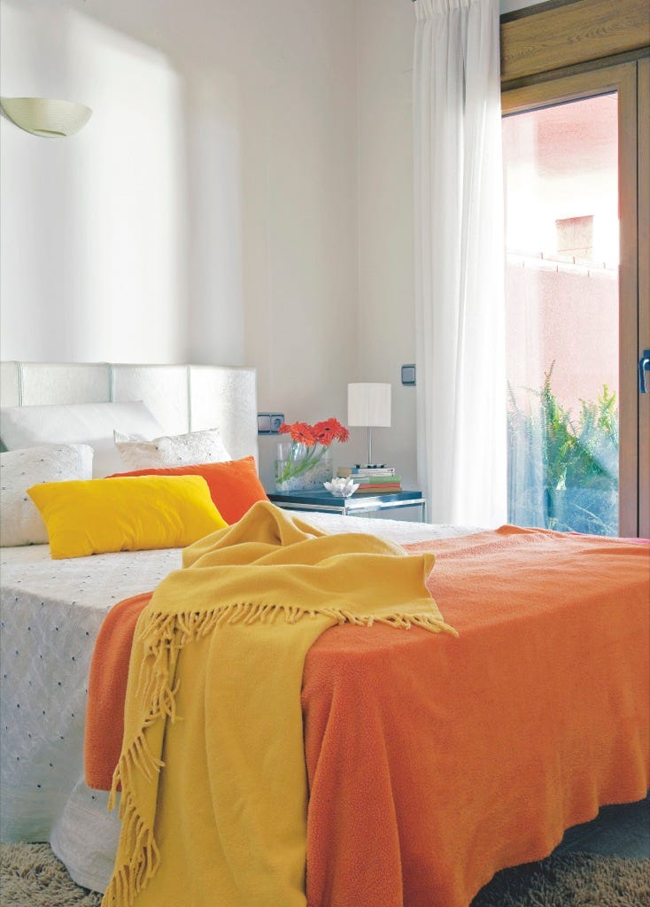 Bedroom, Bed, Furniture, Bed sheet, Room, Yellow, Bed frame, Bedding, Orange, Property, 