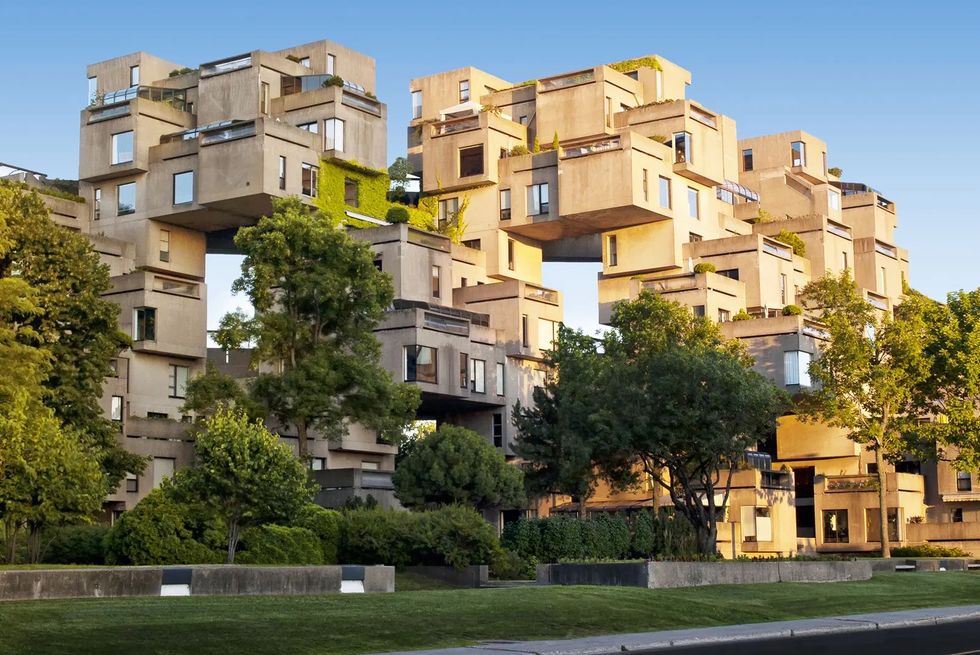 habitat 67 with trees and grass