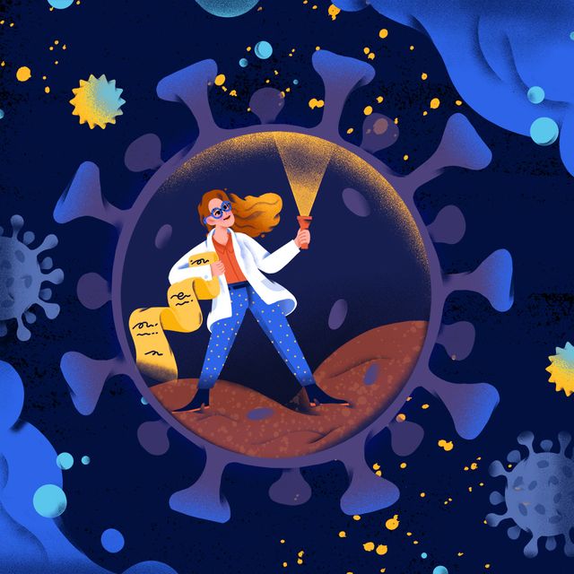 illustration of a female scientist on an expedition inside a virus cell holding a flashlight and a map