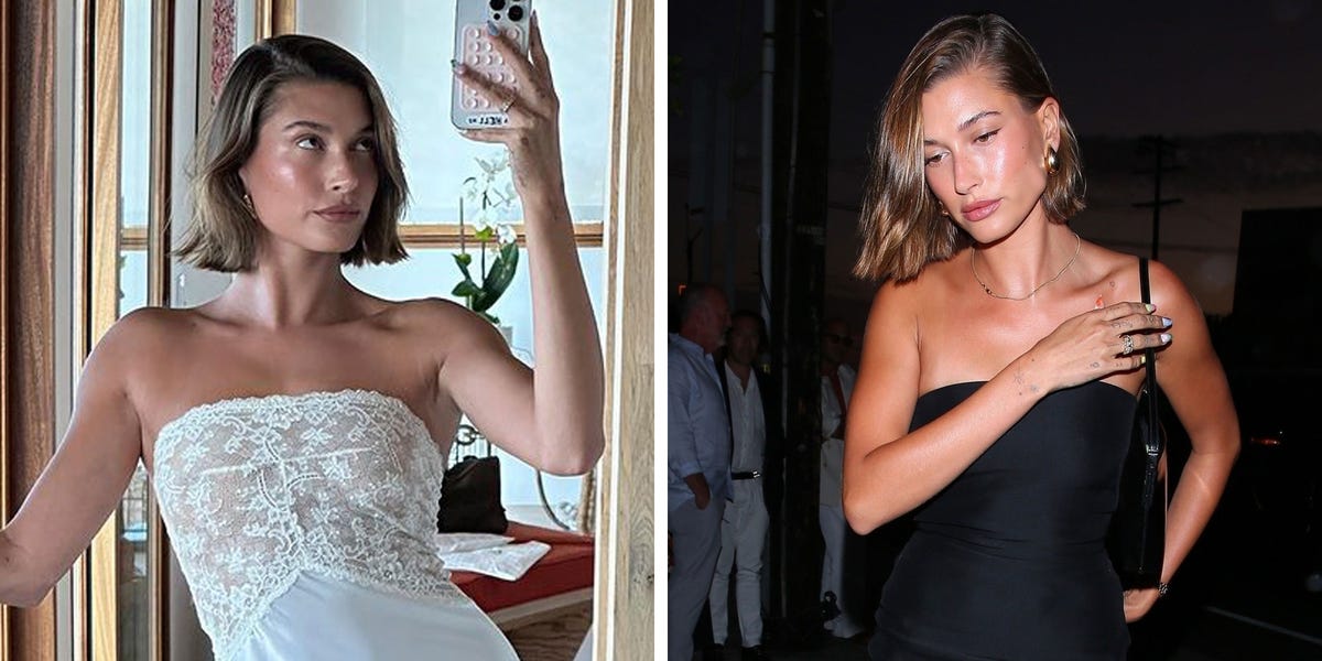 Hailey Bieber Shares Photos of Herself in a Semi-Sheer Lace Slip Dress and Black Bodycon Dress