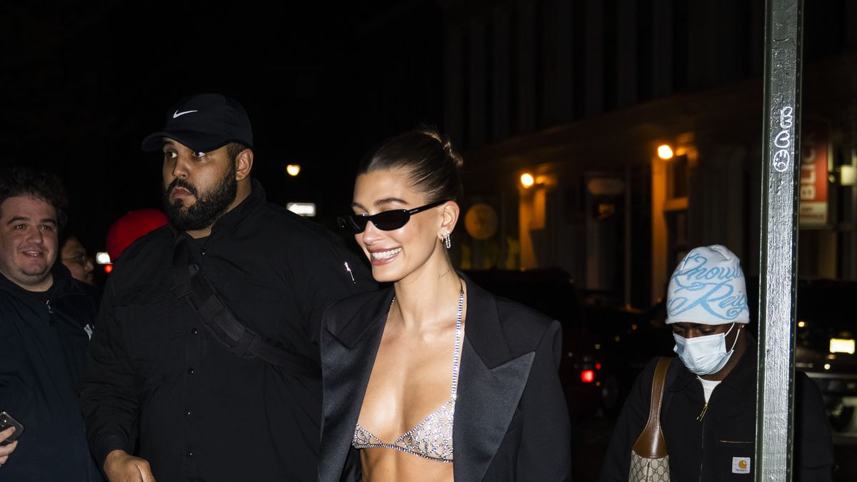 Hailey Bieber Wears a Silver Bra and Hot Pants for Met Gala After Party