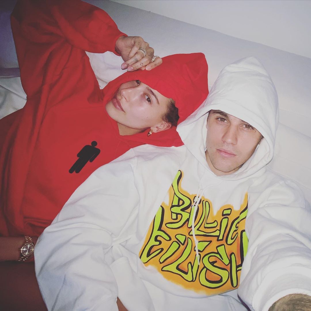 Hailey Baldwin and Justin Bieber Wearing Sweatshirts