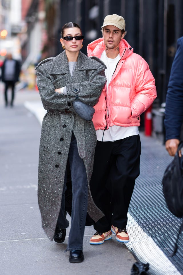 Hailey Bieber Pairs a 'Matrix'-esque Coat with Athleisure