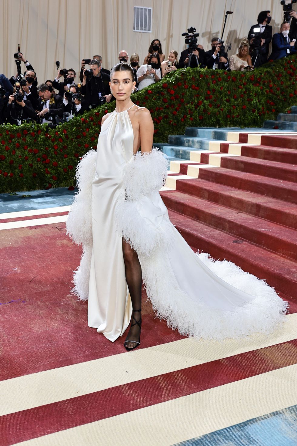 Hailey Bieber Wears White Saint Laurent Column Gown to LACMA Gala