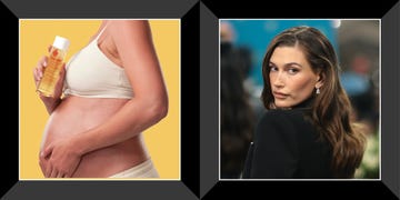 a pregnant woman holding a bottle of biooil, hailey bieber at met gala