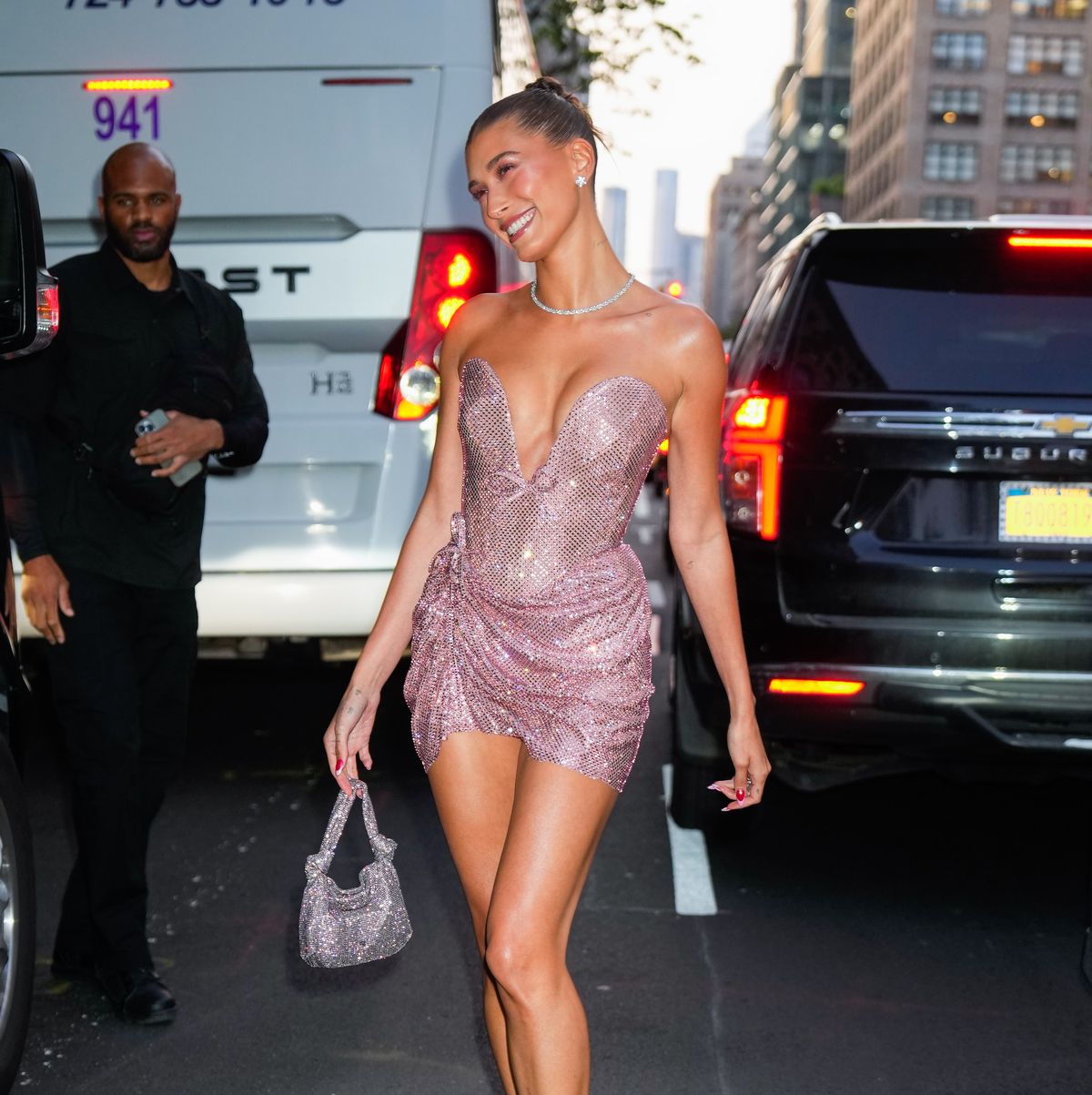 Hailey Bieber Wears Barbiecore Sparkly Pink Mini-Dress in NYC