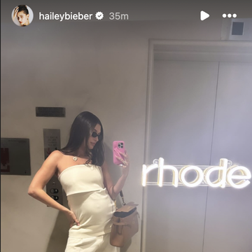 hailey bieber pregnancy white jumpsuit outfit on instagram