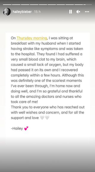 hailey bieber was hospitalised for a blood clot on her brain