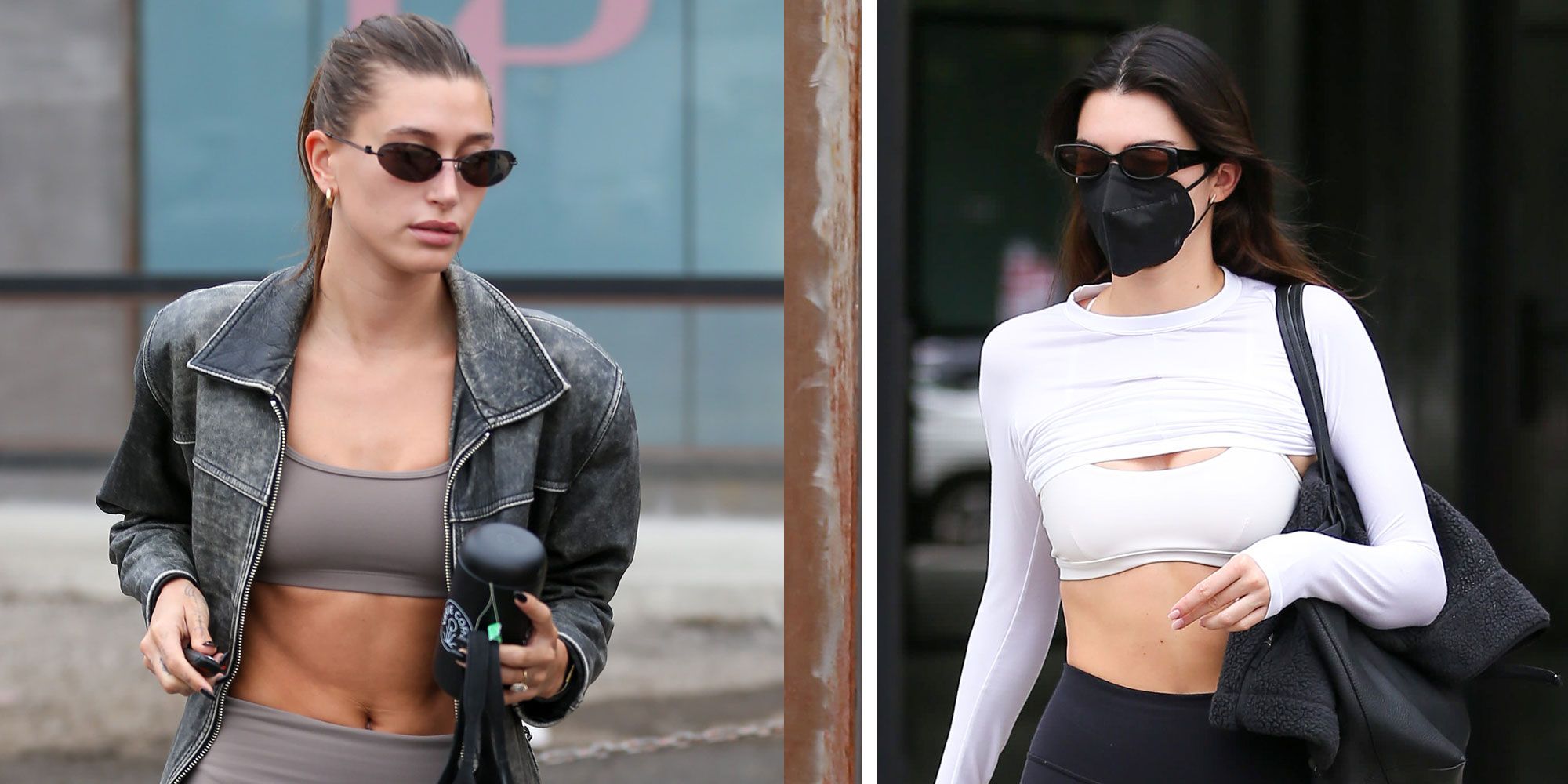 Kendall Jenner rocks a black sports bra and leggings with a