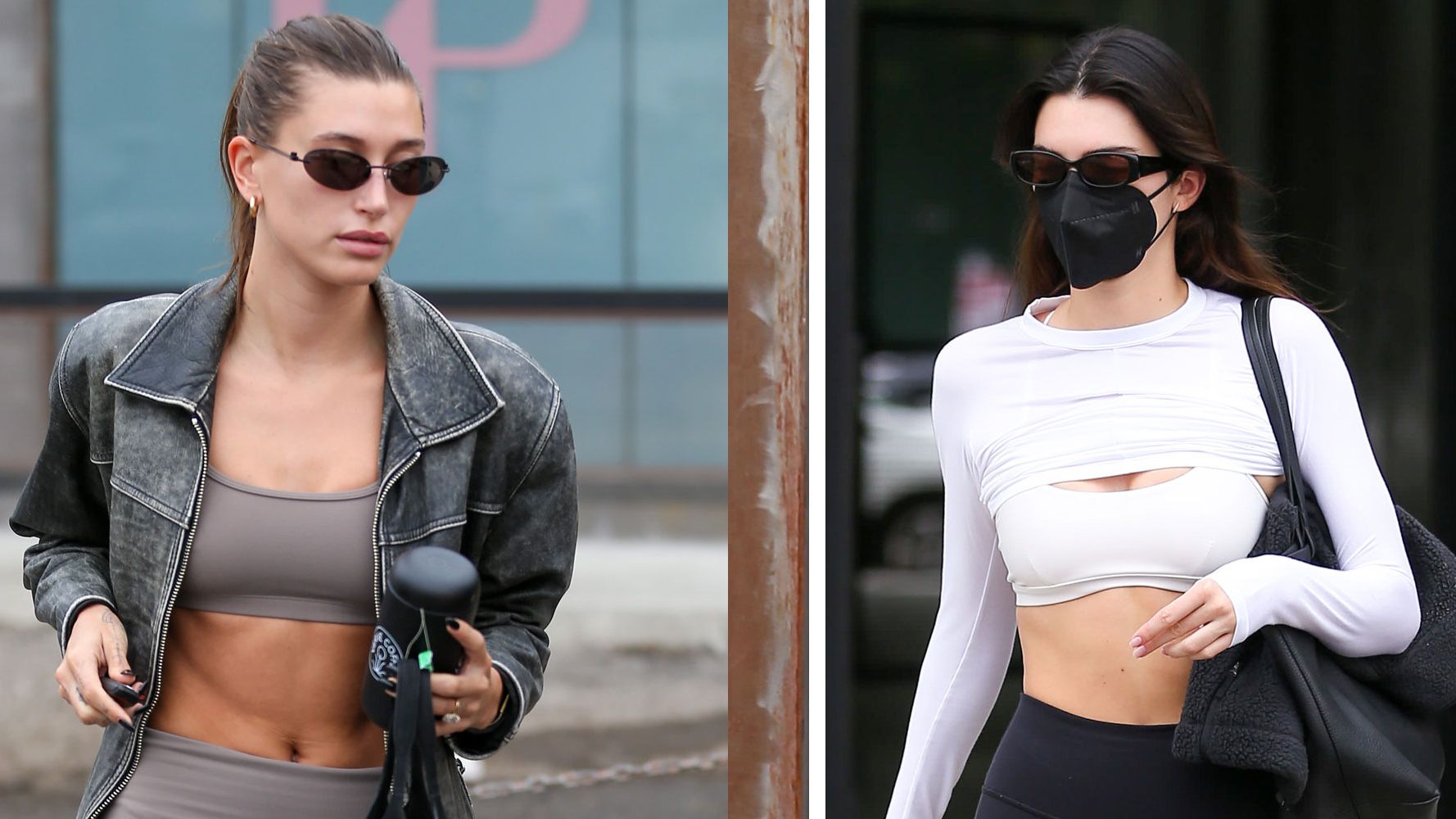 WHAT SHE WORE: Kendall Jenner in grey top black leggings and white