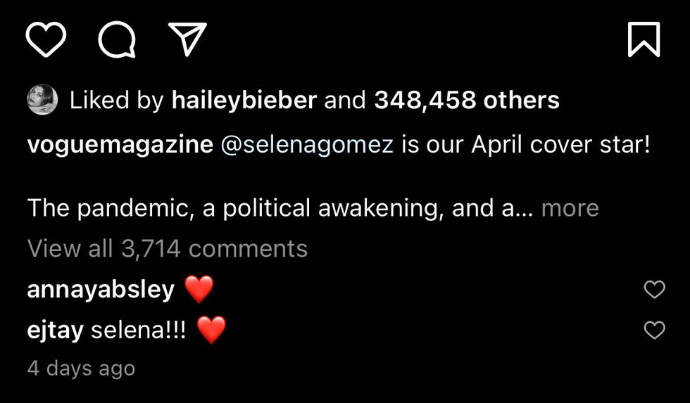 hailey bieber liking an instagram of selena gomez in march 2021