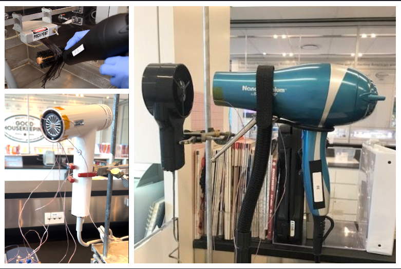 the image showcases multiple hair dryers being tested in the good housekeeping beauty lab