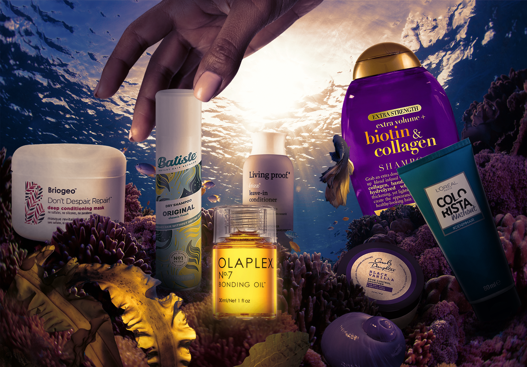 hair products in underwater background