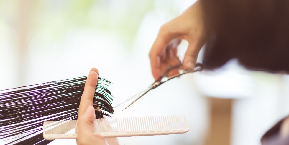 hairdresser using scissors to cut hair