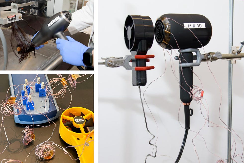 the image showcases multiple hair dryers being tested in the good housekeeping beauty lab